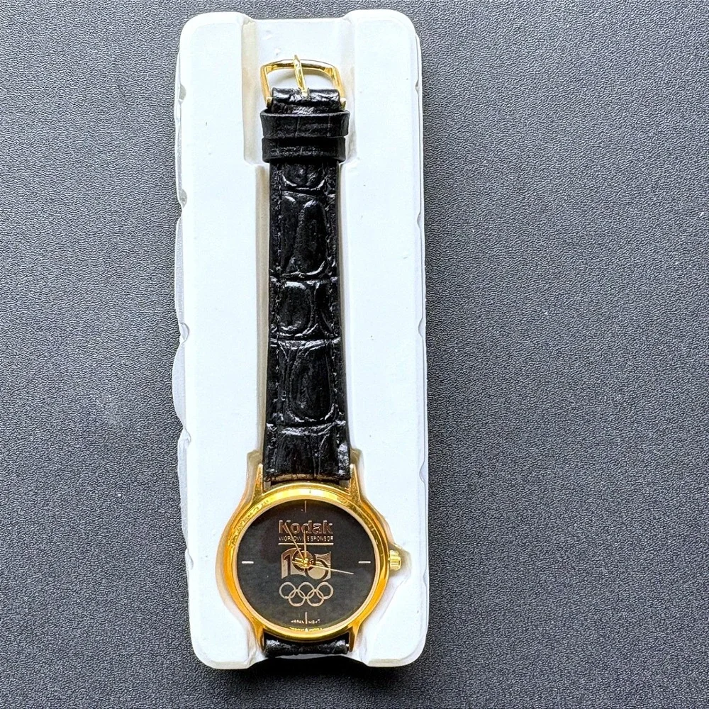 Vintage Kodak 1996 Centennial Olympic Games Watch Black Gold Leather Boxed